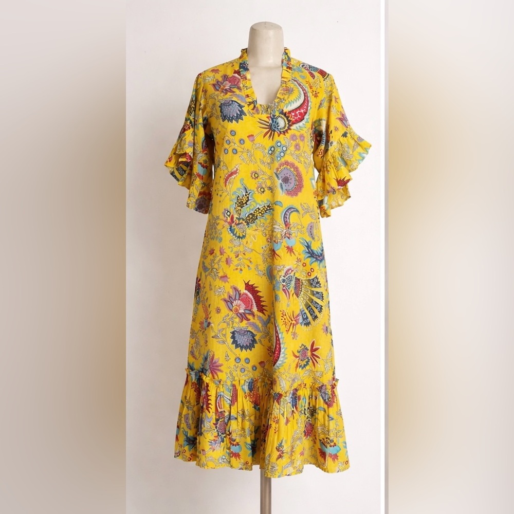 Fitzroy & Willa Yellow Paisley Dress Size S Boho Ruffle Hem Resort Summer